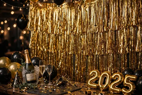 Metallic fringe curtain wall in gold at a New Year's Eve party