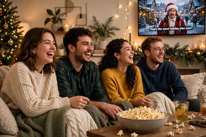Friends laughing together while watching a funny Christmas comedy movie with popcorn