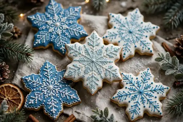 Blue and white snowflake cookies with delicate royal icing patterns
