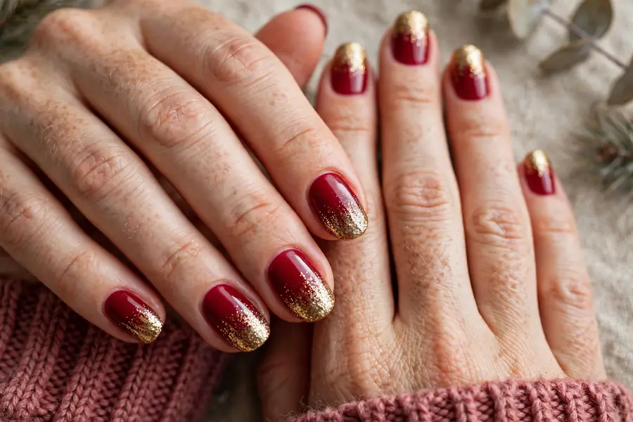 Cranberry nails with gold glitter fading from the tips