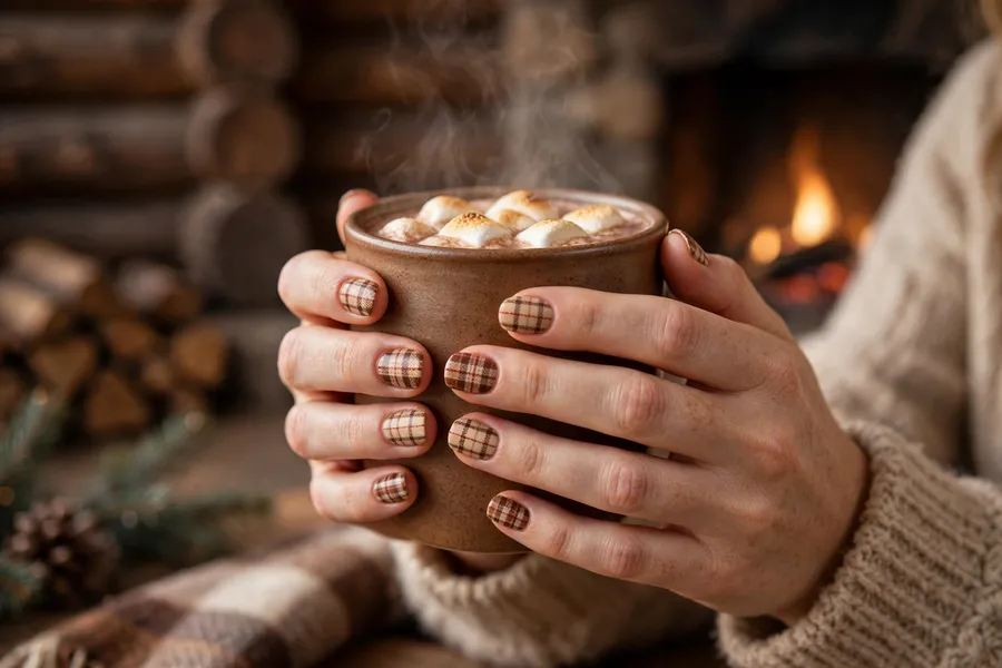 Rustic cabin plaid nails in warm browns