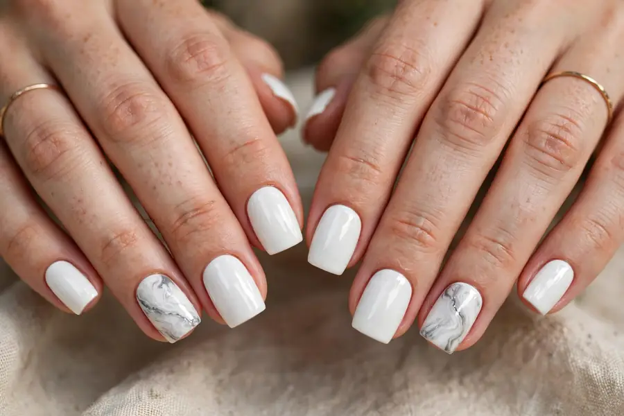 White nails with a single marble accent nail
