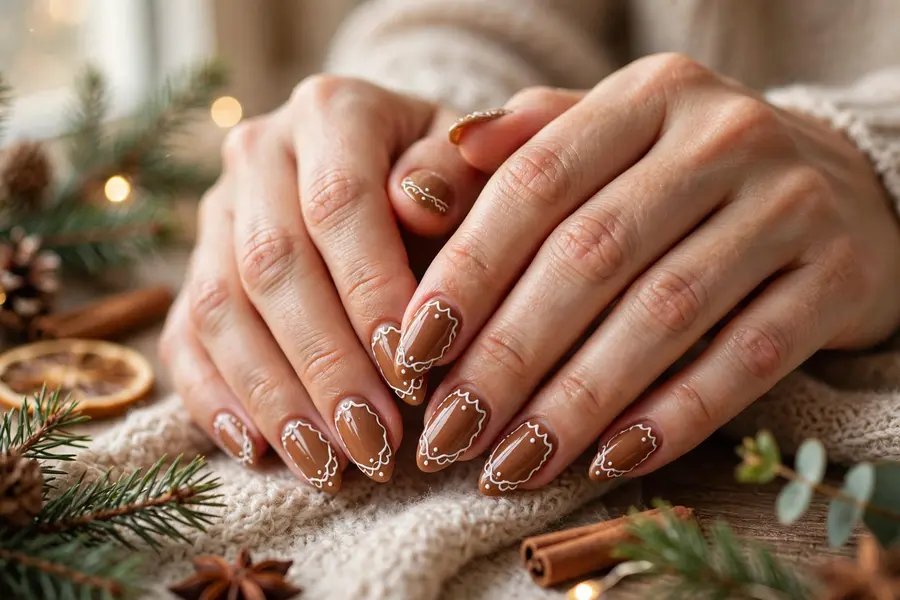 Almond gingerbread nails with elegant brown and cream art on real hands