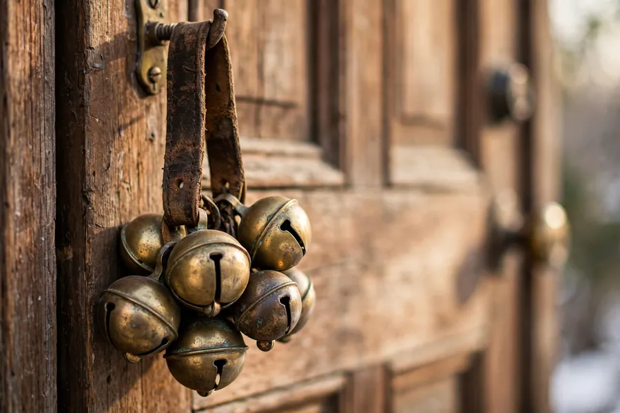 Antique brass sleigh bells on a worn leather strap hanging on a wooden door