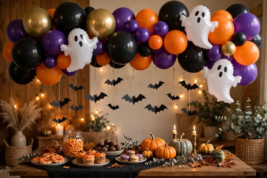 Halloween balloon garland arch in black, orange, purple and gold over a party table