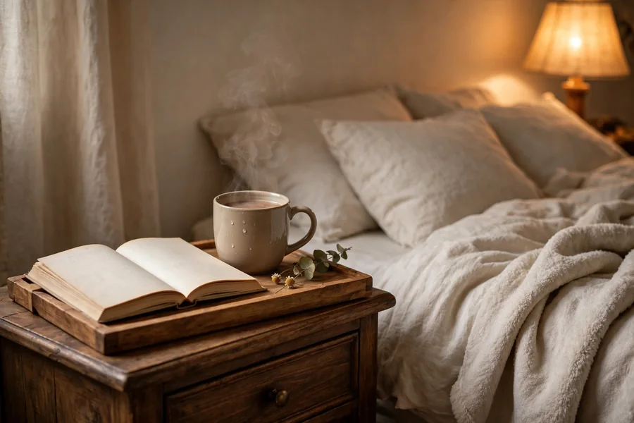 bedside tray with tea a book and warm lamp light in a cozy bedroom