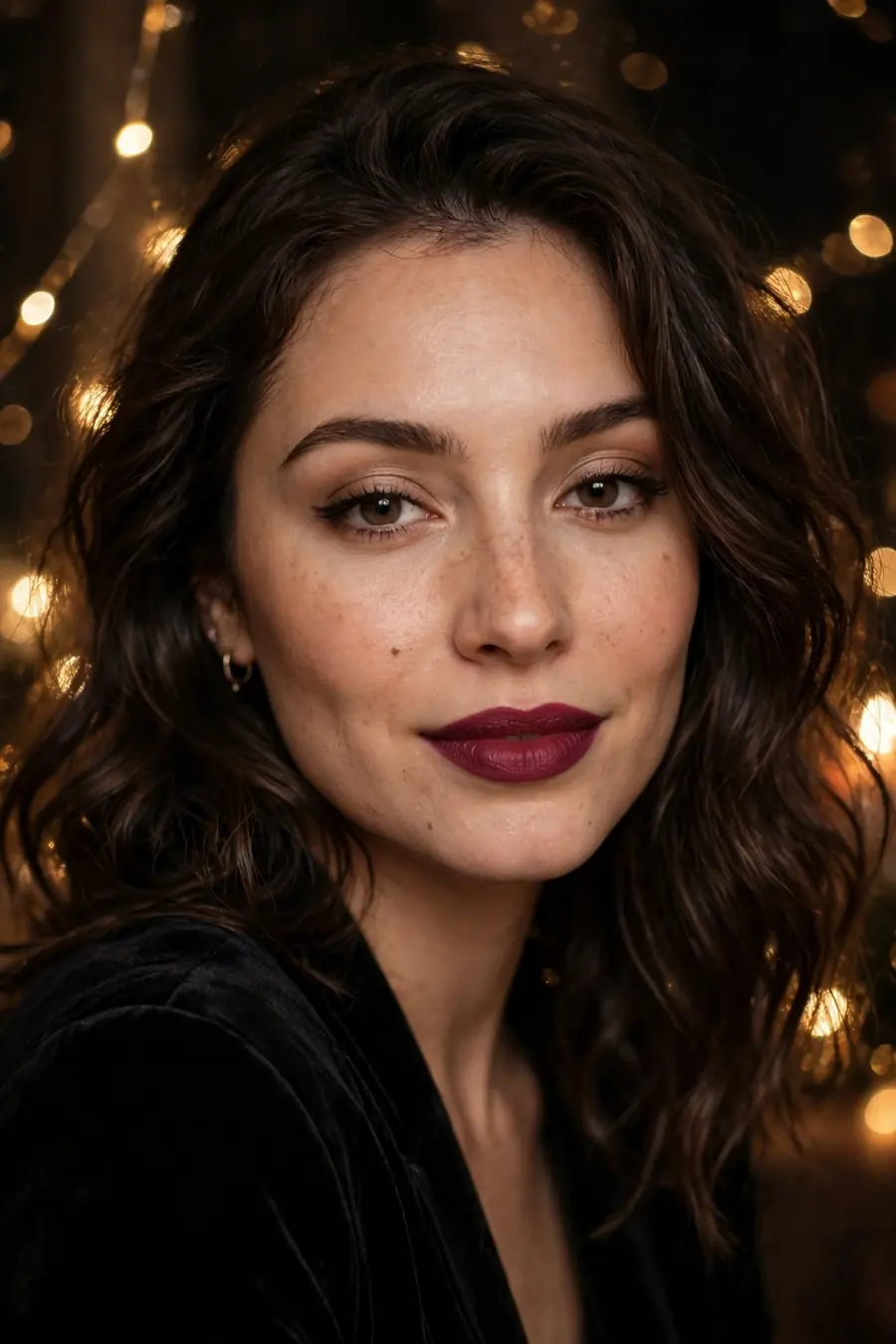 Woman wearing a velvet matte berry lipstick with soft eye makeup for New Year's Eve