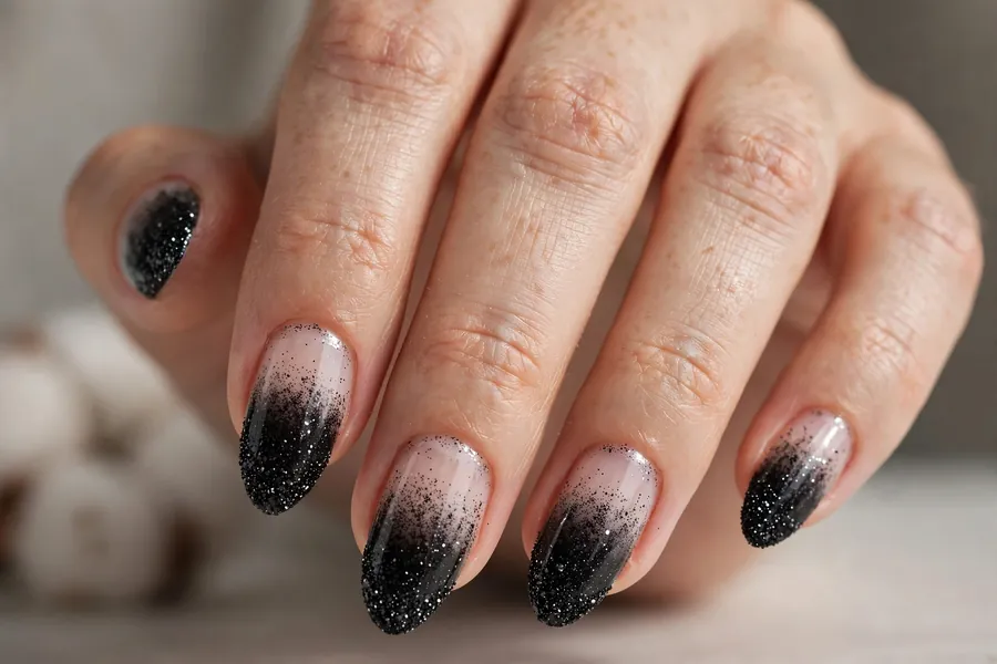 Black glitter fade nails, sparkling black nails manicure