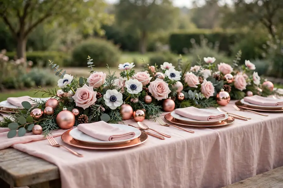 Blush pink and rose gold christmas table setting with roses