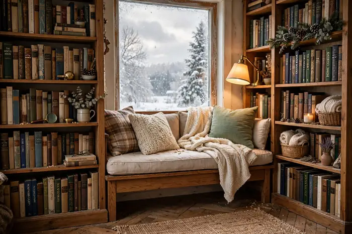 Reading bench tucked between tall bookshelves filled with books in a cozy nook