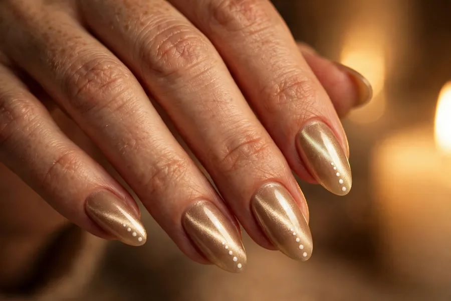 Champagne gold polka dot cat eye nails with white dots