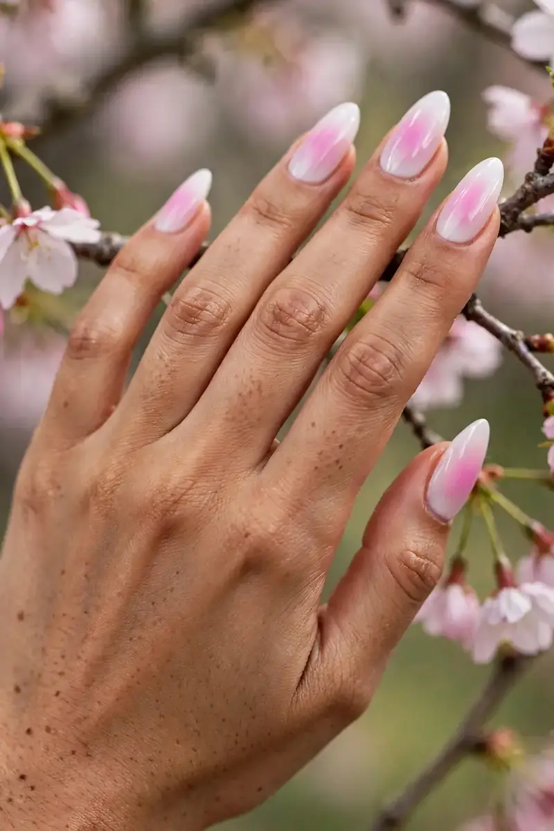 Cherry blossom aura nails with delicate pink aura and white halo edges