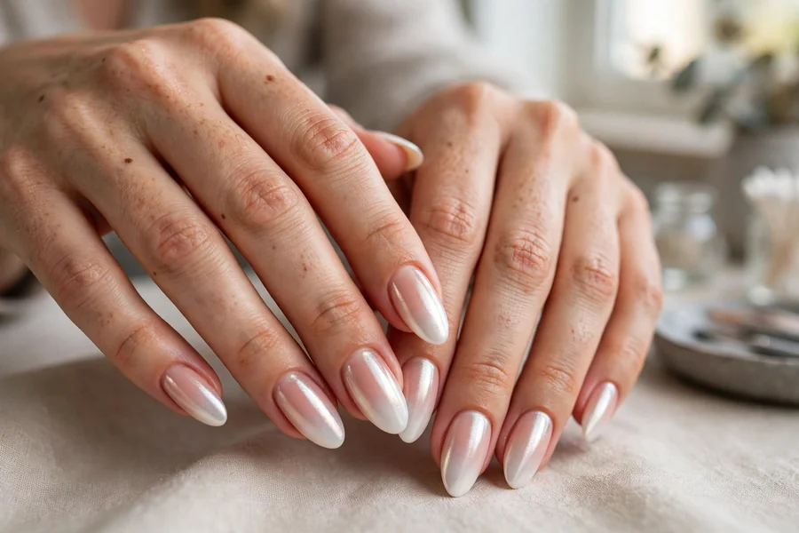 Chrome baby boomer milky white chrome nails with a bridal glow