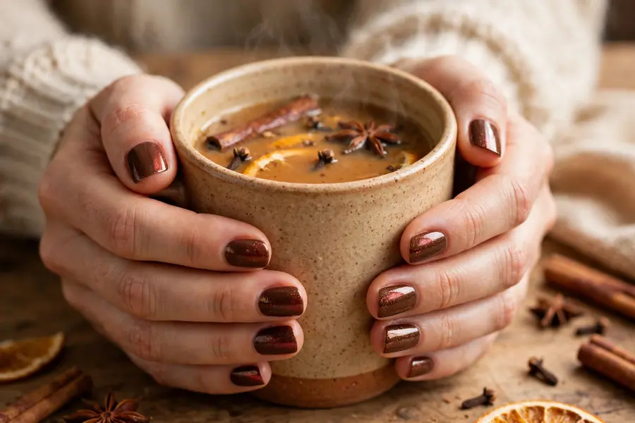Cinnamon dusted hot chocolate nails on real hands with a warm drink