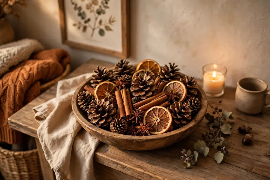 Fall home decor ideas with a cinnamon and pinecone bowl on a console table