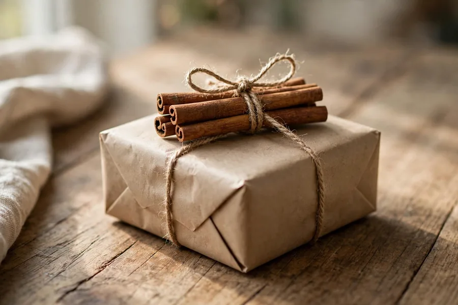 A Christmas gift wrapped in kraft paper topped with cinnamon sticks tied with twine
