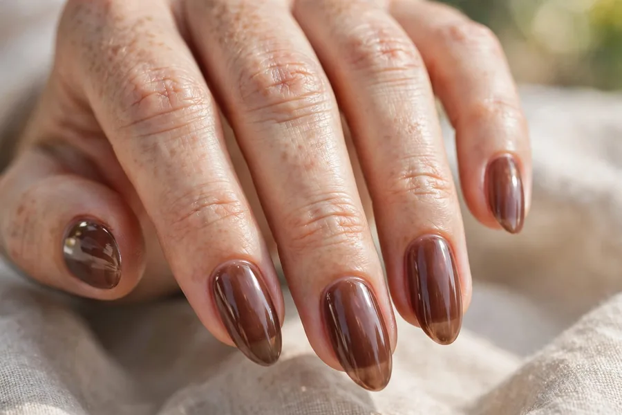 Real hand with sheer chocolate brown lip gloss nails, glossy finish