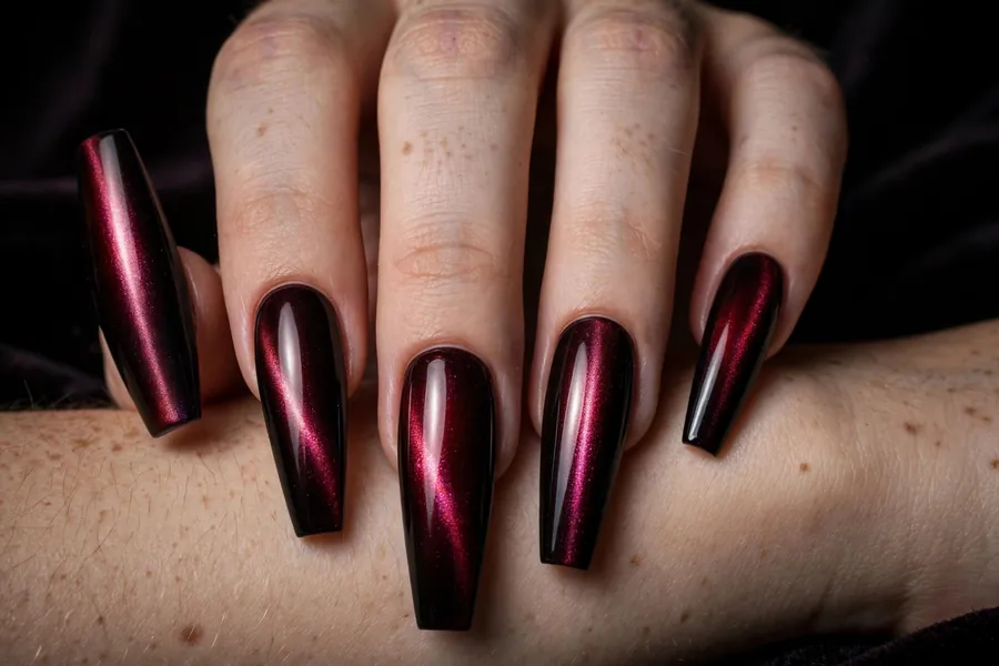 Long coffin black cherry cat eye nails
