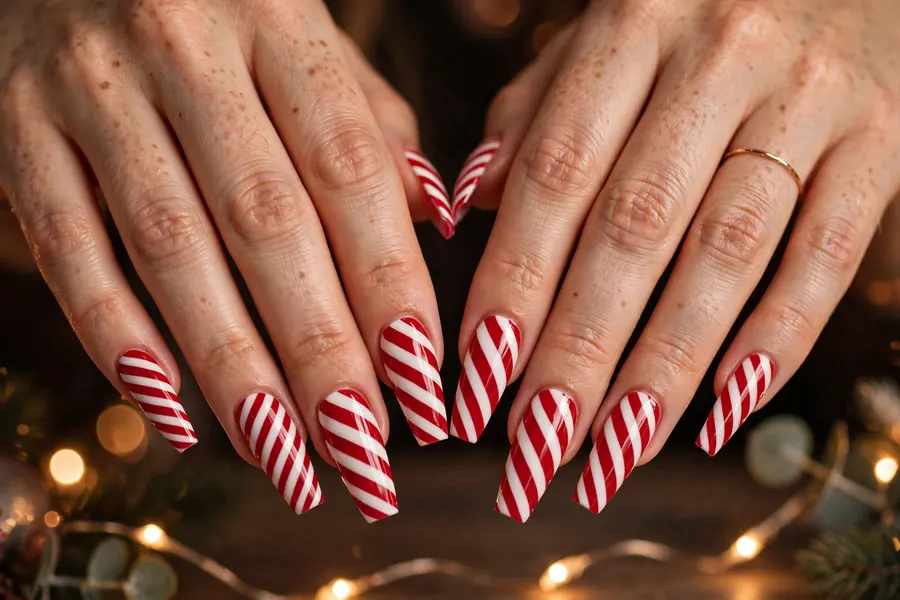 Long coffin candy cane nails with bold red and white stripes on real hands