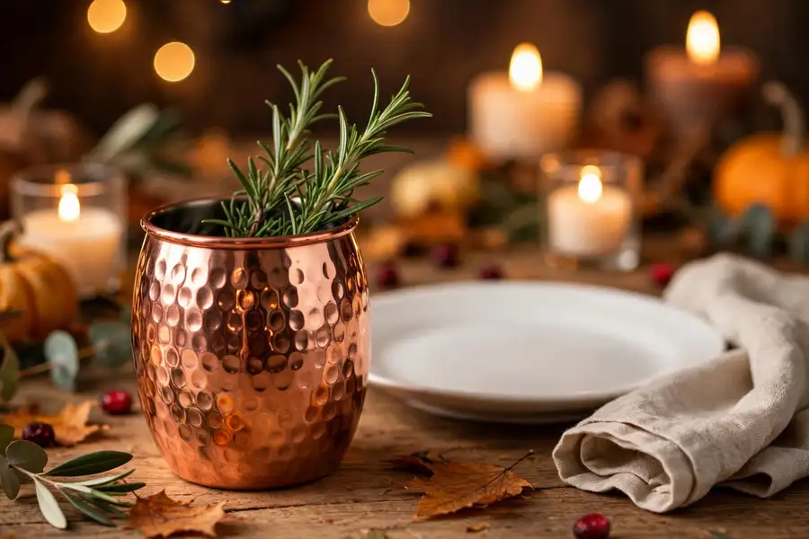 Copper mugs at each place setting on a thanksgiving table