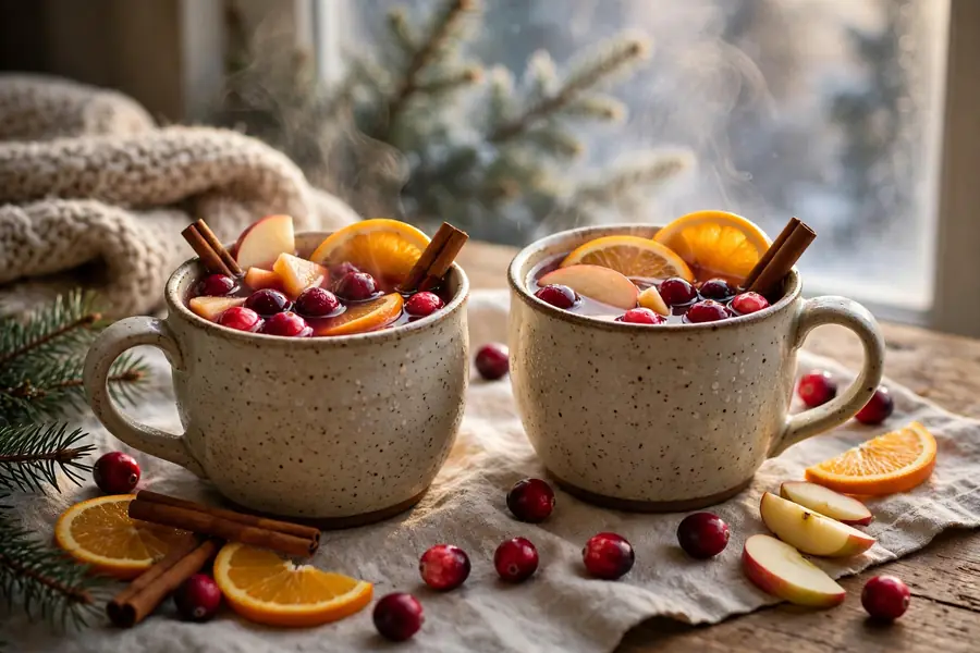 Warm cranberry apple cider in mugs with cinnamon sticks and orange slices