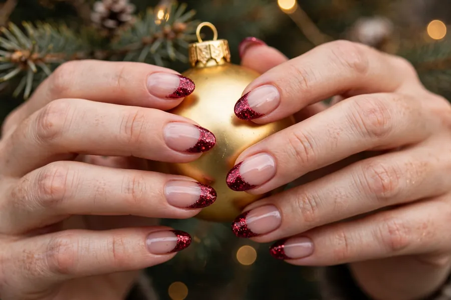 Cranberry glitter Christmas French tip nails on real hands holding a holiday ornament