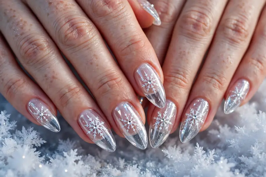 Long almond nails with clear crystal polish, white snowflake nail art and rhinestone centers on real hands