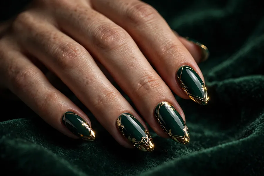 Hand with emerald green nails and gold chrome detailing
