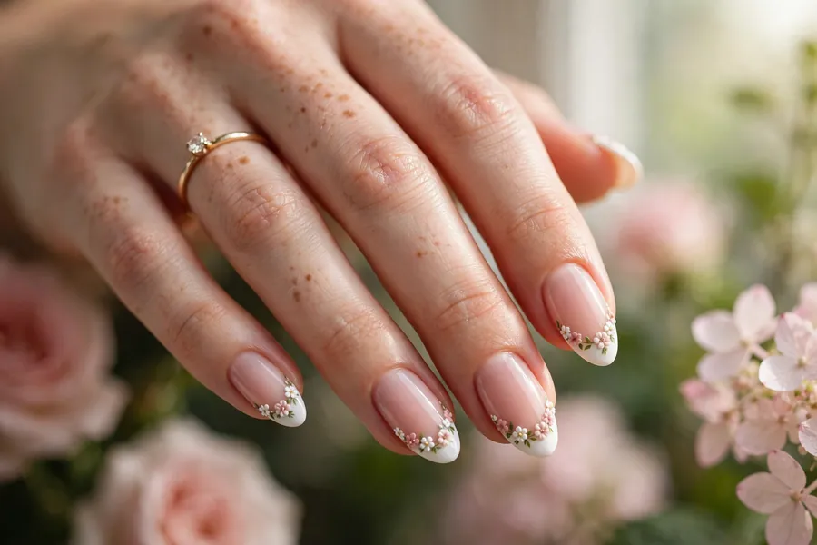 Bridal nails with micro-painted floral French tips