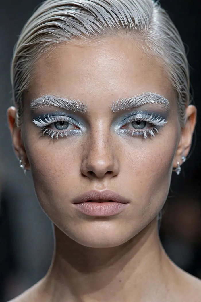 Frosted brows and lashes with silver shimmer for an icy look