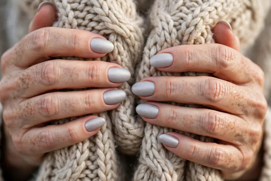 Frosted matte silver chrome nails on real hands holding a winter scarf