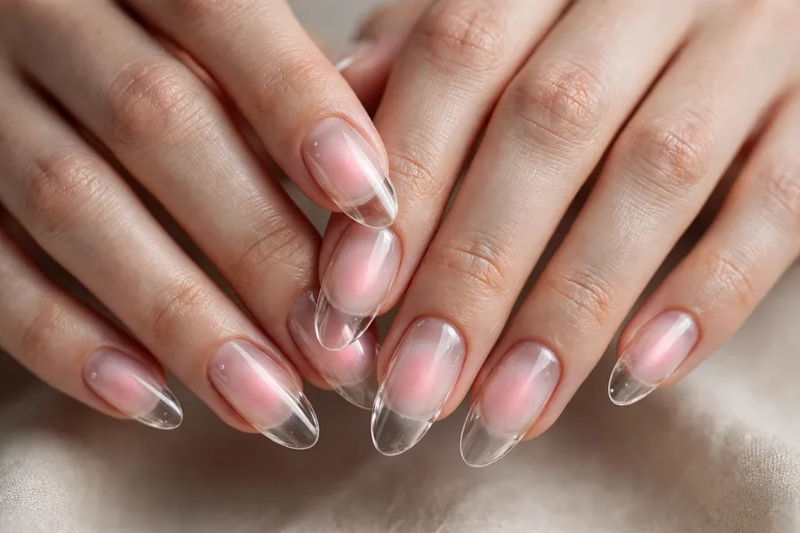 Glass aura bloom nails with blush glow on real hands