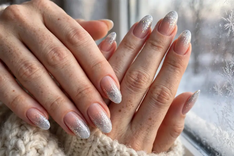 Glitter ombre fade nails on real hands in winter light