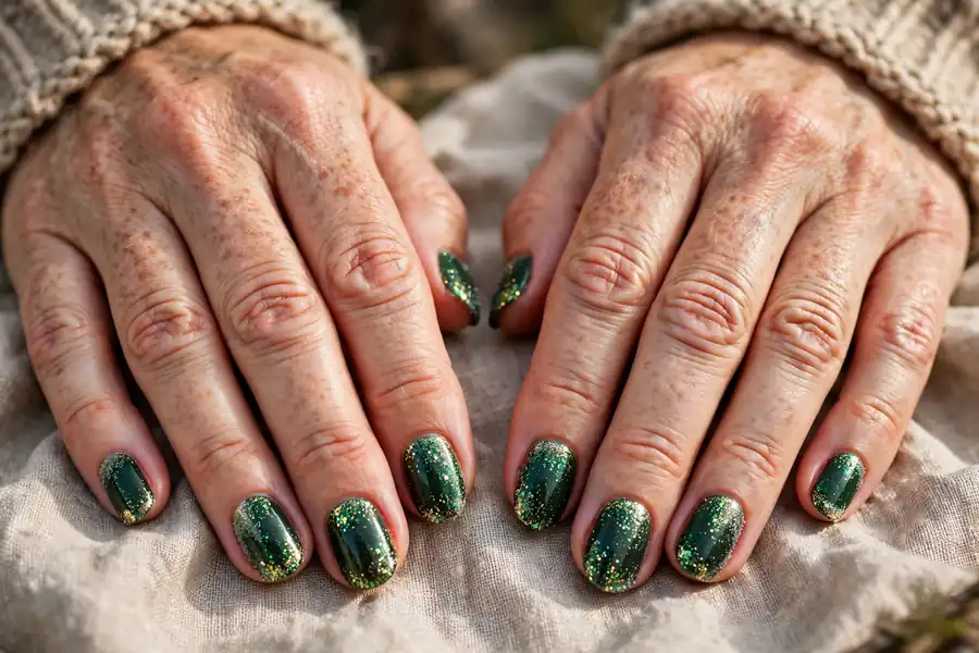 Evergreen glitter nails sparkling like a forest floor on real hands