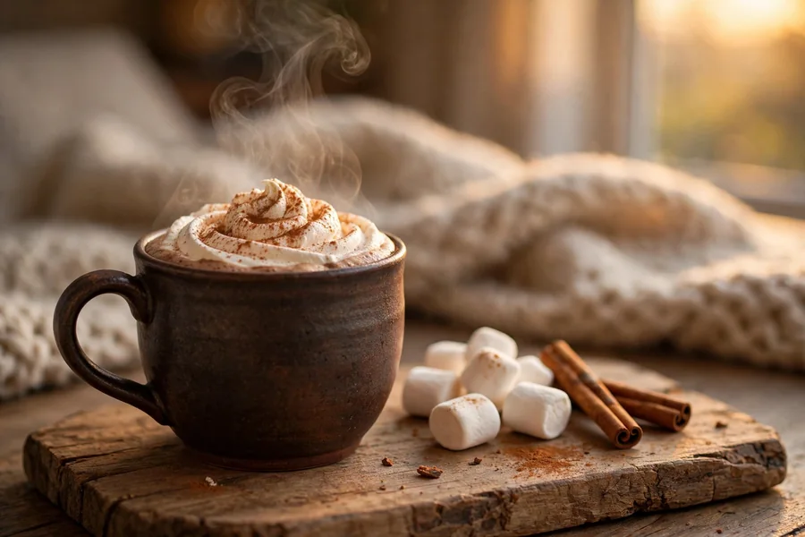 Spiced hot cocoa with cinnamon for a cozy fall night