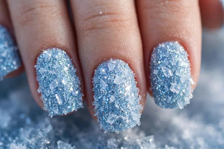 Icy blue nails with ice crystal glitter