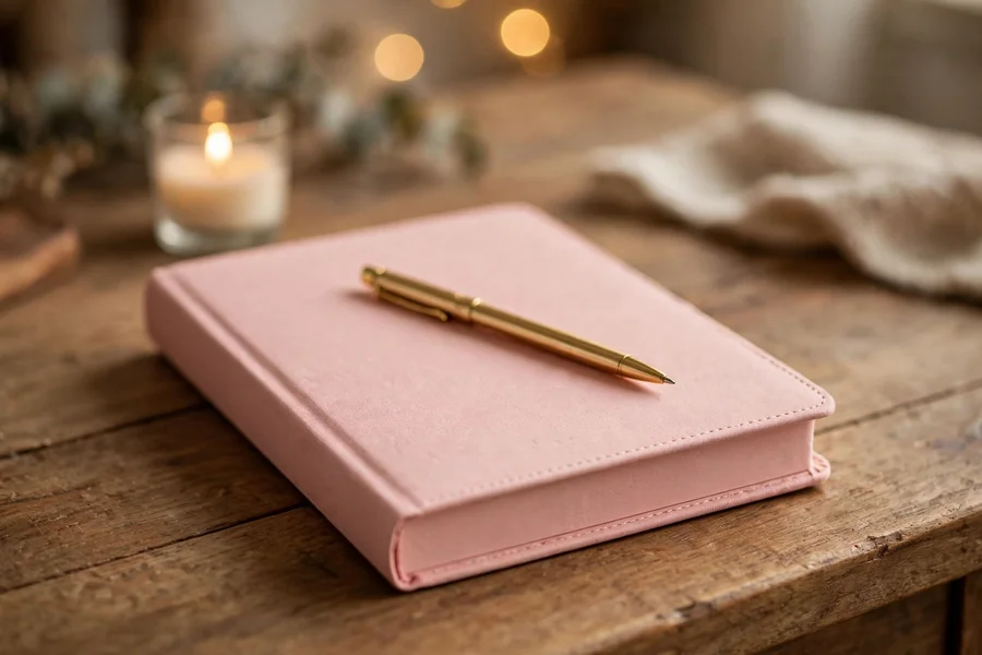 Blush pink hardcover journal with a slim gold pen on a wooden desk