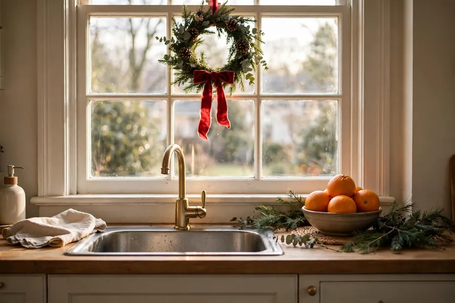 Kitchen window with a small Christmas wreath, greenery and red ribbon above the sink
