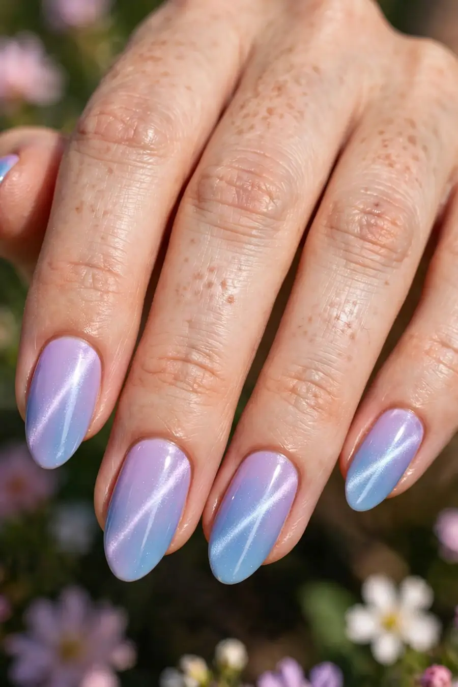 Almond nails with lilac-to-sky two tone cat eye nail polish, dreamy pastel duochrome