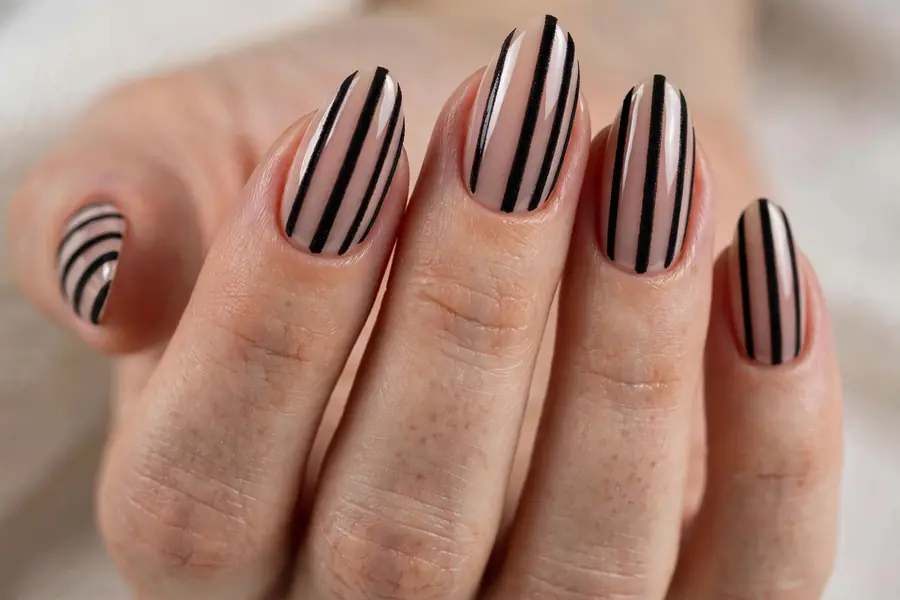 Matte black stripes over glossy nude almond nails on real hands