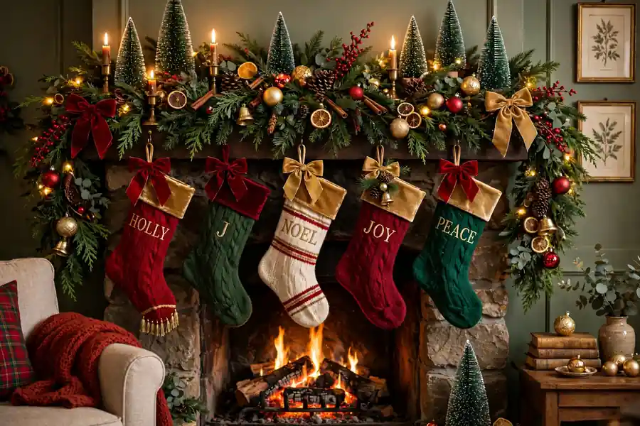 Maximalist Christmas mantel covered with garland stockings candles and ornaments