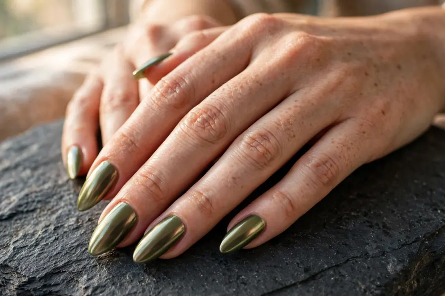 Olive green chrome earthy nails on real hands