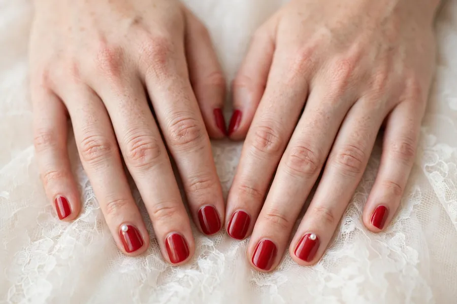 Classic red nails with a tiny pearl accent on real hands