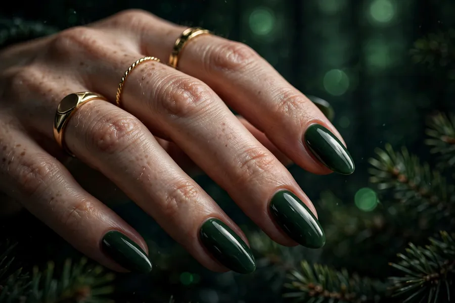 Pine forest green december nail ideas in rich glossy forest green