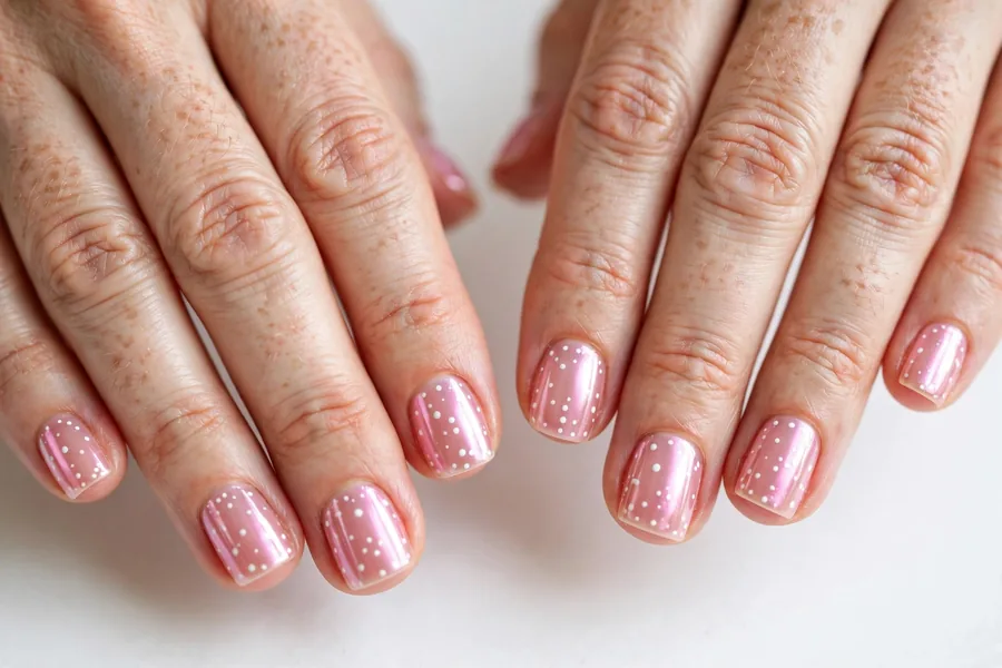 Short jelly pink chrome nails with tiny white polka dots