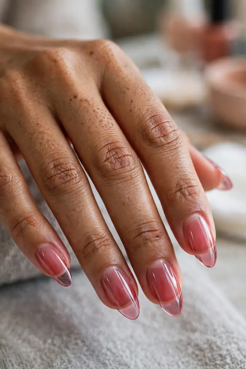 Glass-effect raspberry jelly nails with a clear translucent shine