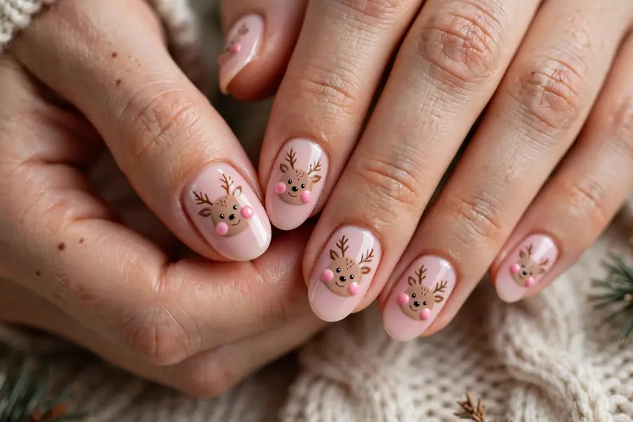 Rosy cheeked cute reindeer nails on real hands with a soft pink blush