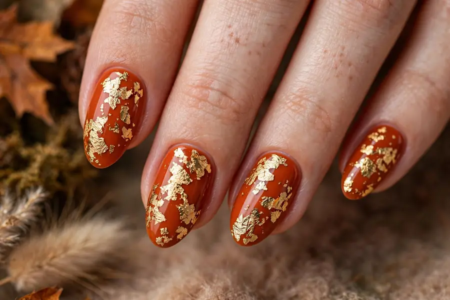 Rust orange nails with gold leaf flakes