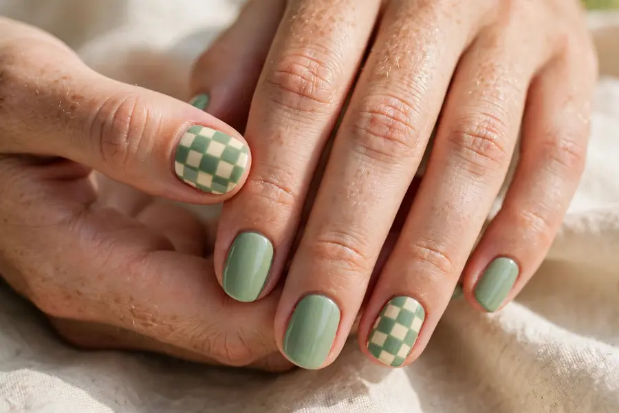 Sage green and cream checkerboard nail art