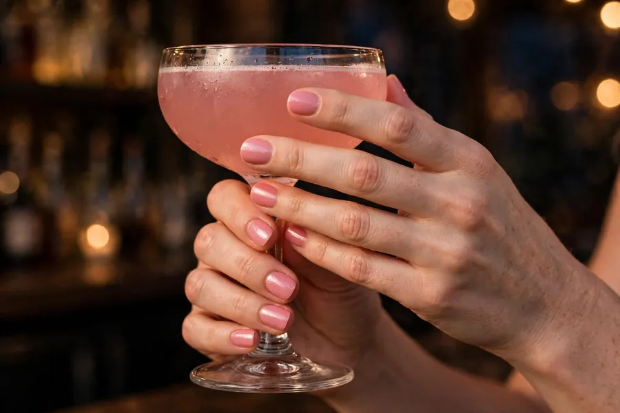 Soft satin pink glossy date night nails on real hands holding a pink cocktail